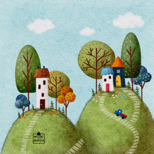 A cute and colorful whimsical little town with houses and trees on hills, suitable for children's book.