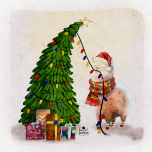 A watercolor digital painting of a cute alpaca chewing on the string of colorful Christmas lights on a decorated Christmas tree. The scene is warm, humorous, and full of holiday cheer.