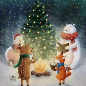 A digital watercolor painting depicting an alpaca, polar bear, reindeer, and fox singing Christmas carols by a campfire. A Christmas tree is lit between the alpaca and polar bear, with a beautiful sky above, featuring the aurora borealis and shining stars.