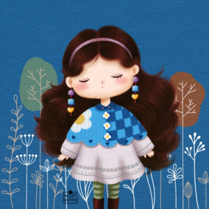 A vibrant digital illustration inspired by Yeganeh Draws Do This In Your Style challenge. The artwork features a whimsical character with brunette, wavy hair and a calm expression, set against a peaceful blue background. The playful and accent color palette adds to the piece’s enchanting vibe, celebrating creativity and inspiration.