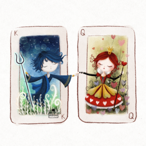 A striking digital illustration of Hades and the Queen of Hearts, designed as poker cards. Hades smirks with a flickering blue flame, while the Queen glares with her iconic "Off with their heads!" energy. Their designs mirror each other, creating a powerful and mischievous duo.