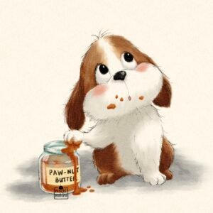 A playful digital illustration of a mischievous pup sitting on the floor, covered in peanut butter, with its paw in the peanut butter jar nearby. On the left a text says "It's not me!". Cozy and warm pastel tones, giving the scene a lighthearted and cute vibe.