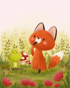 Digital illustration of a cozy forest scene with a relaxed orange fox sitting in the grass, a small frog perched on a rock nearby, and a ladybug resting on the fox’s nose. Soft colors and cute vibes evoke a peaceful and joyful feeling.