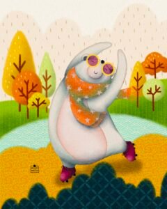 An illustrated bear joyfully roller skating in the summer sun, wearing oversized retro sunglasses and surrounded by a bright, whimsical background full of color and movement.