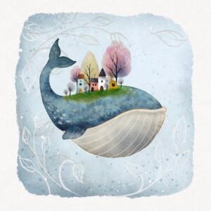 A whimsical and soothing illustration of a cute town and colorful trees on the back of a blue whale